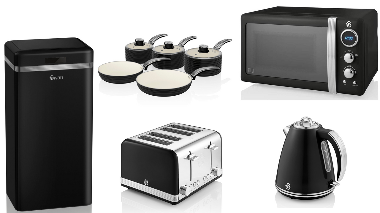 Swan Retro Black Jug Kettle, 4 Slice Toaster, 800W 20L Microwave, 45L Sensor Bin & 5 Piece Pan Set Matching Bundle Set