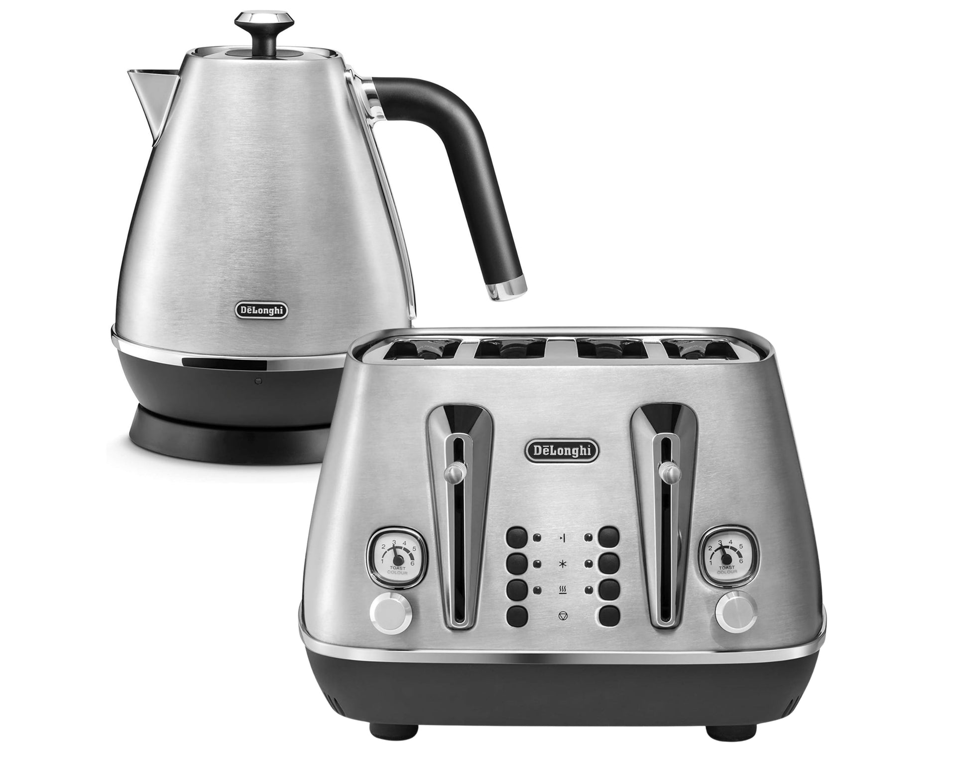DELONGHI Distinta X 1.7L Kettle & 4 Slice Toaster. Matching Set in Brushed Stainless Steel Silver Finish
