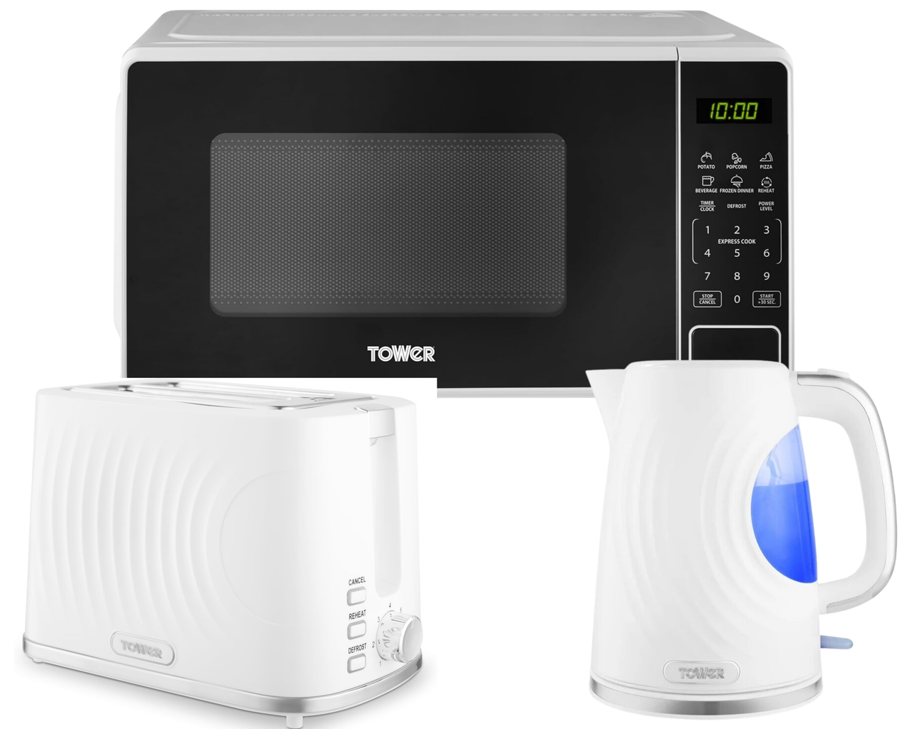 Tower Sonar White Jug Kettle, 2 Slice Toaster and 800W 20L Digital Microwave T24045WHT