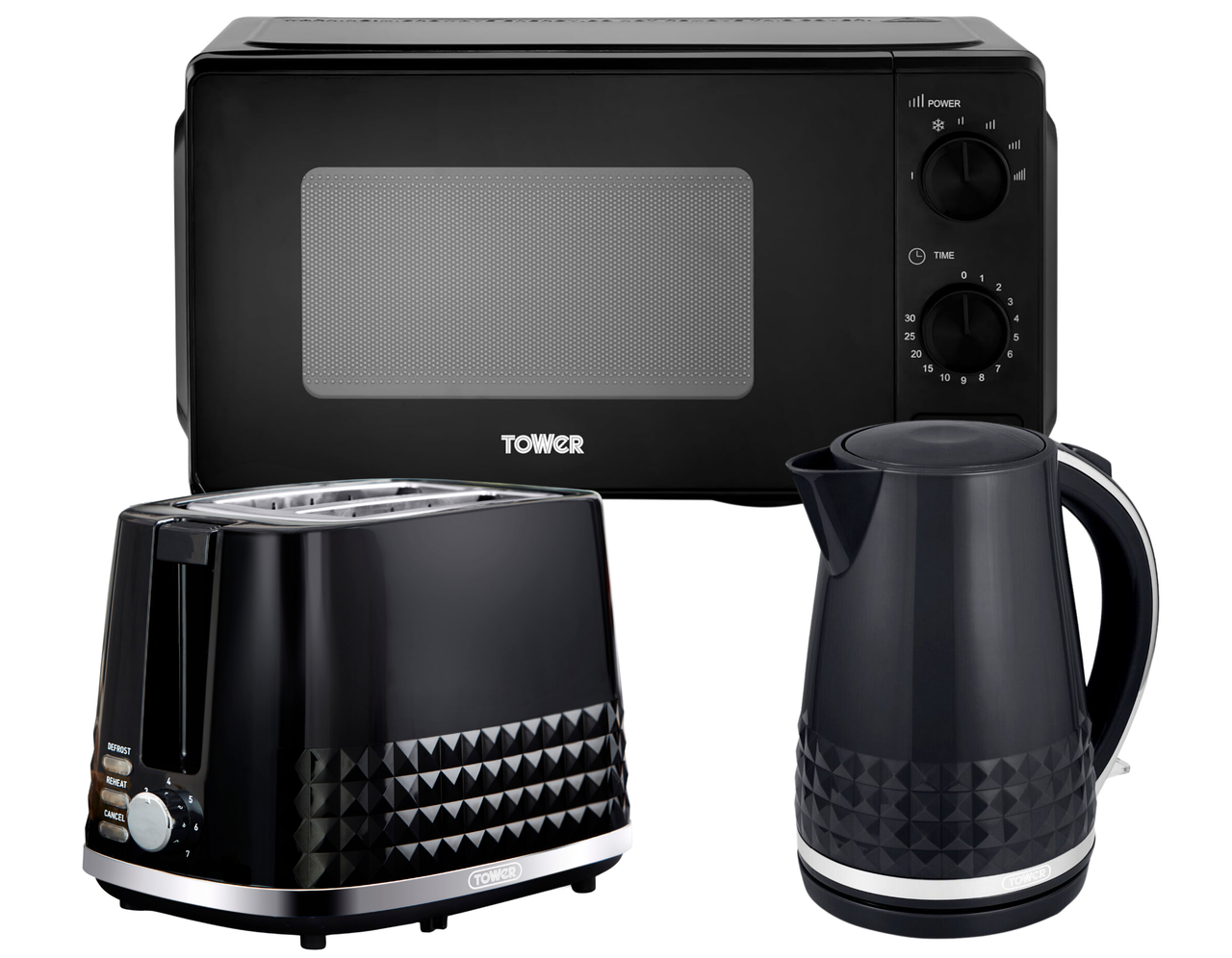Tower Solitaire Black Jug Kettle, 2 Slice Toaster & 800W Manual Microwave T24044BLK Matching Set