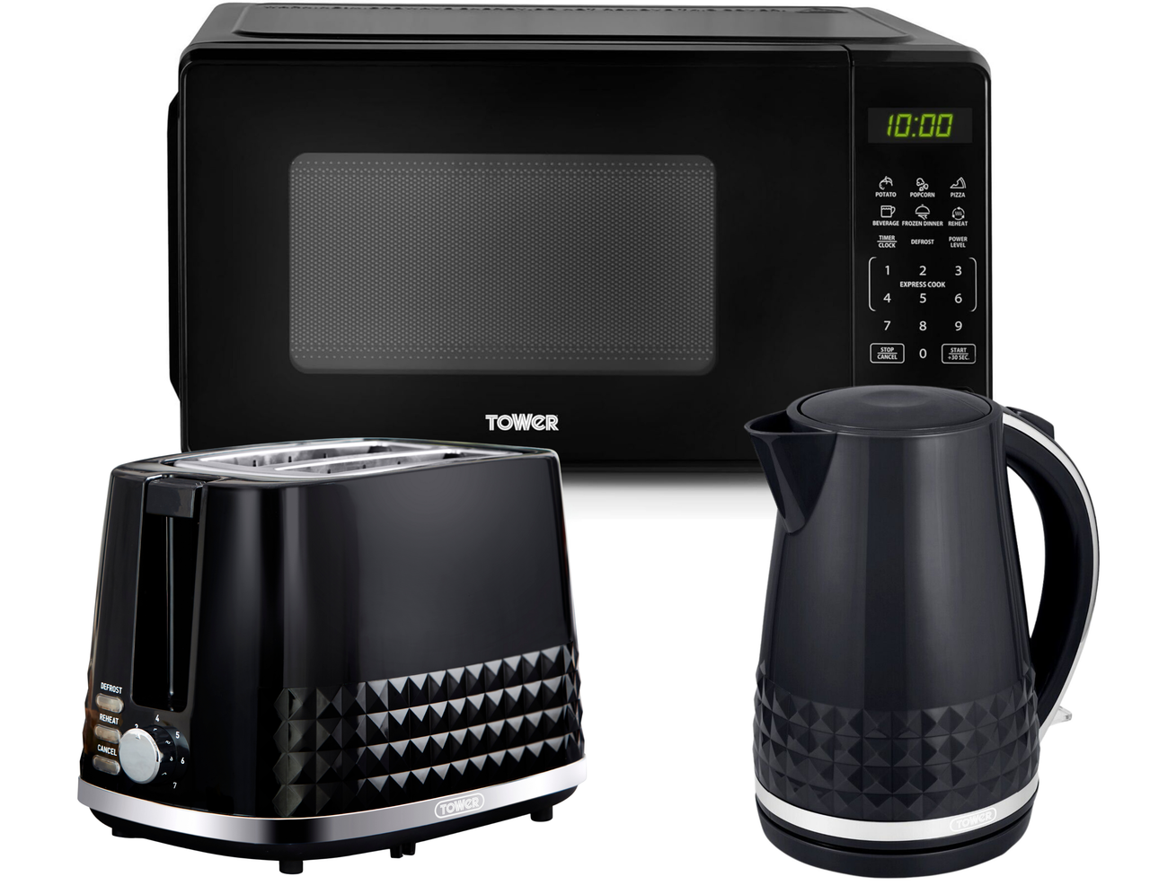 Tower Solitaire Black Jug Kettle, 2 Slice Toaster & 800W 20L Digital Microwave T24045BLK Matching Set