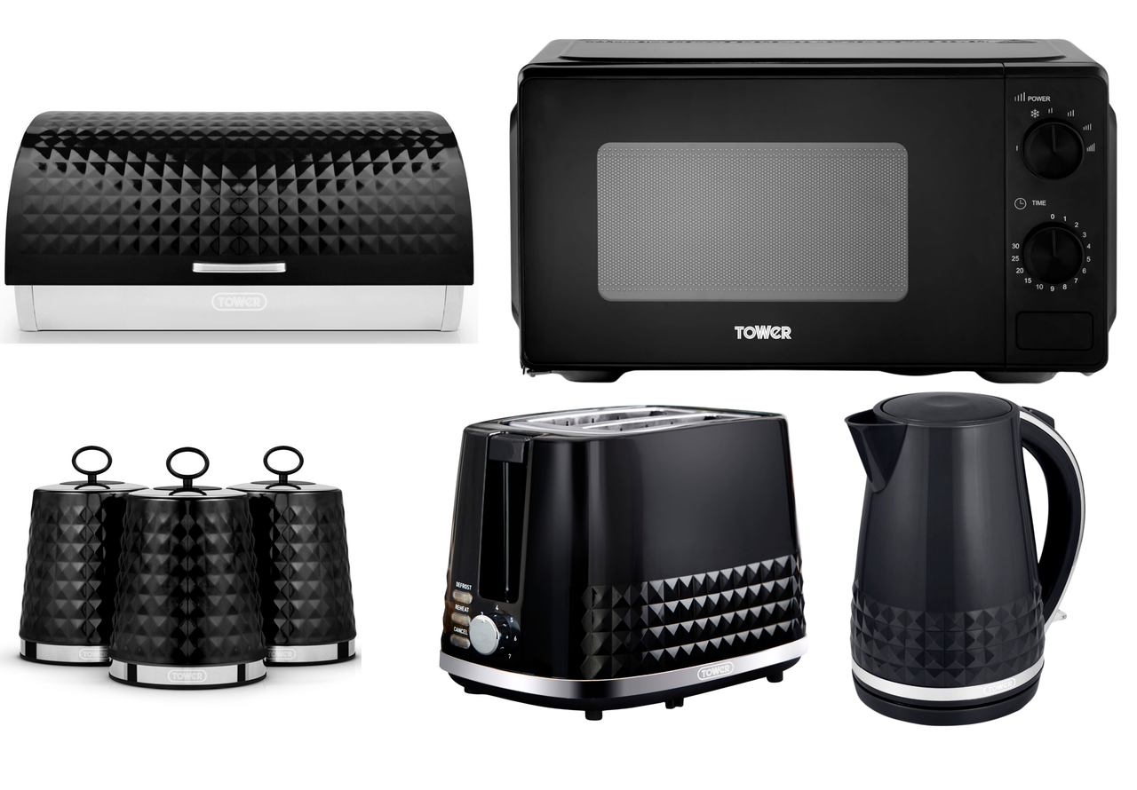 Tower Solitaire Black Kettle, 2 Slice Toaster, 800W 20L Manual Microwave & Kitchen Storage Set