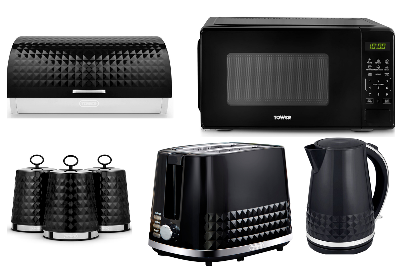 Tower Solitaire Black Jug, Kettle 2 Slice Toaster, 800W Digital Microwave, Bread Bin and Canisters Kitchen Set