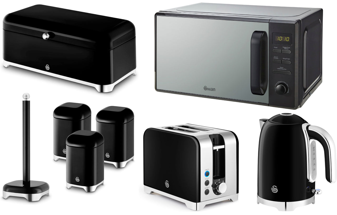 Swan Solace Black 1.7L 3KW Kettle, 2-Slice Toaster 20L 800W Digital Microwave & Matching Kitchen Storage Set