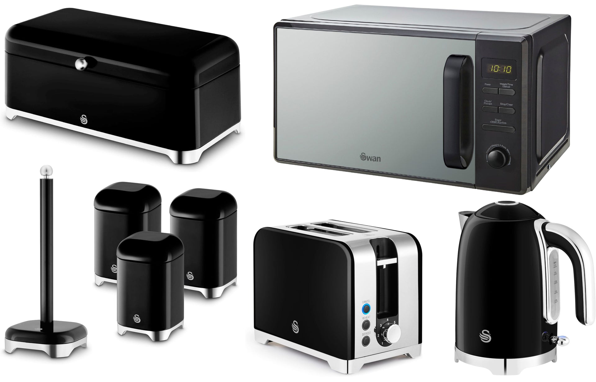 Swan Solace Black 1.7L 3KW Kettle, 2-Slice Toaster 20L 800W Digital Microwave & Matching Kitchen Storage Set