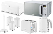 Swan Solace White 1.7L 3KW Kettle, 2-Slice Toaster, Bread Bin, Canisters, Kitchen Roll Holder & 20L 800W Digital Microwave