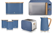 Swan Nordic Style Kitchen Set of 7 in Blue including 1.7L Jug Kettle, 2 Slice Toaster, 800W 20L Digital Microwave, Bread Bin, Tea, Coffee, Sugar Canisters Matching Set