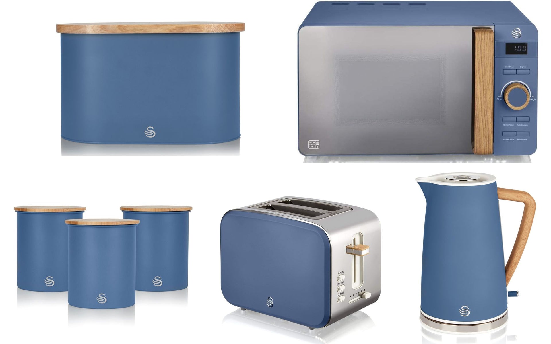 Swan Nordic Style Kitchen Set of 7 in Blue including 1.7L Jug Kettle, 2 Slice Toaster, 800W 20L Digital Microwave, Bread Bin, Tea, Coffee, Sugar Canisters Matching Set