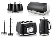 Swan Elegance Black 1.7L 3KW Kettle, 4 Slice Toaster, Breadbin, Tea, Coffee, Sugar Canisters, Mug Tree and Towel Pole Set