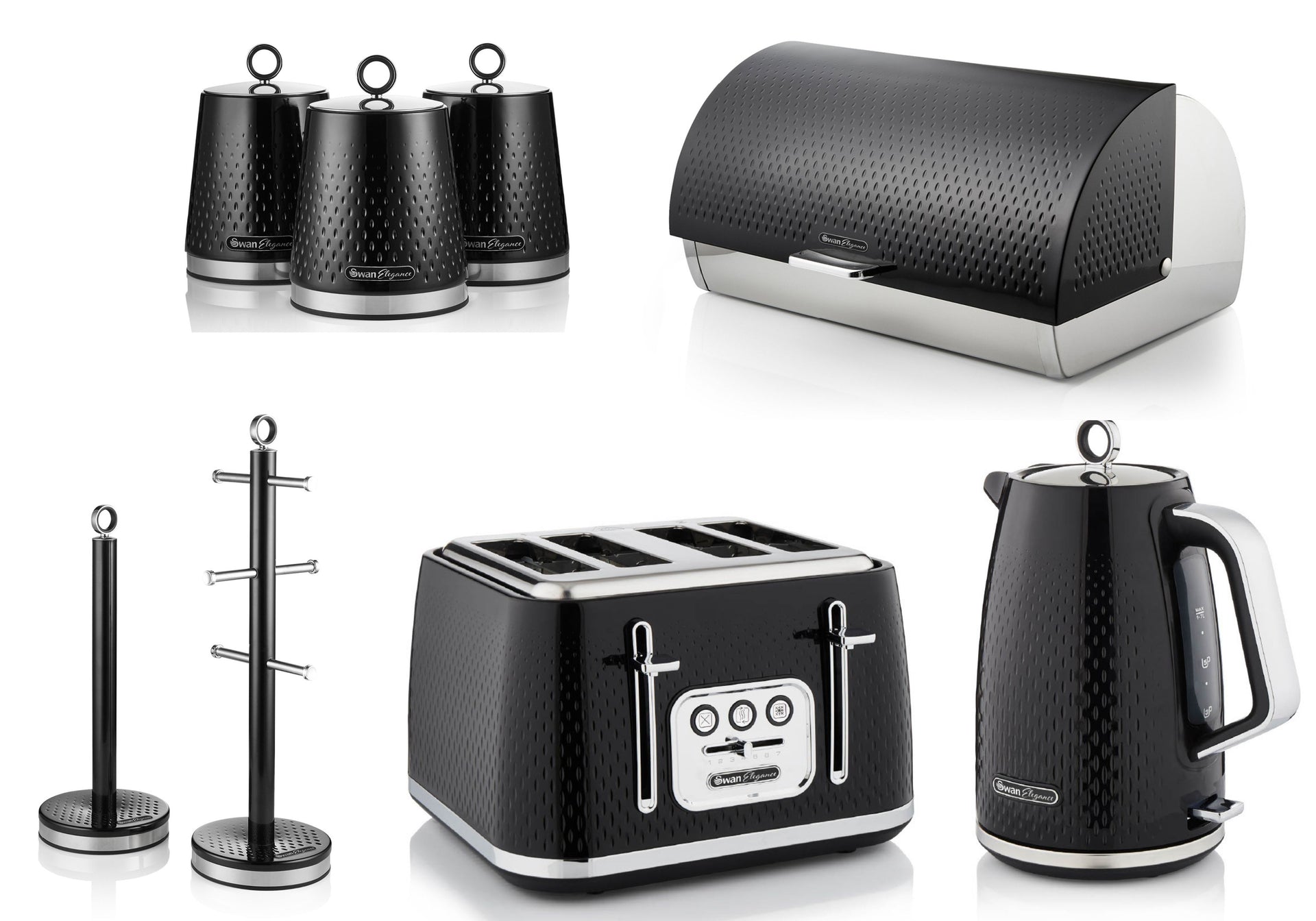Swan Elegance Black 1.7L 3KW Kettle, 4 Slice Toaster, Breadbin, Tea, Coffee, Sugar Canisters, Mug Tree and Towel Pole Set