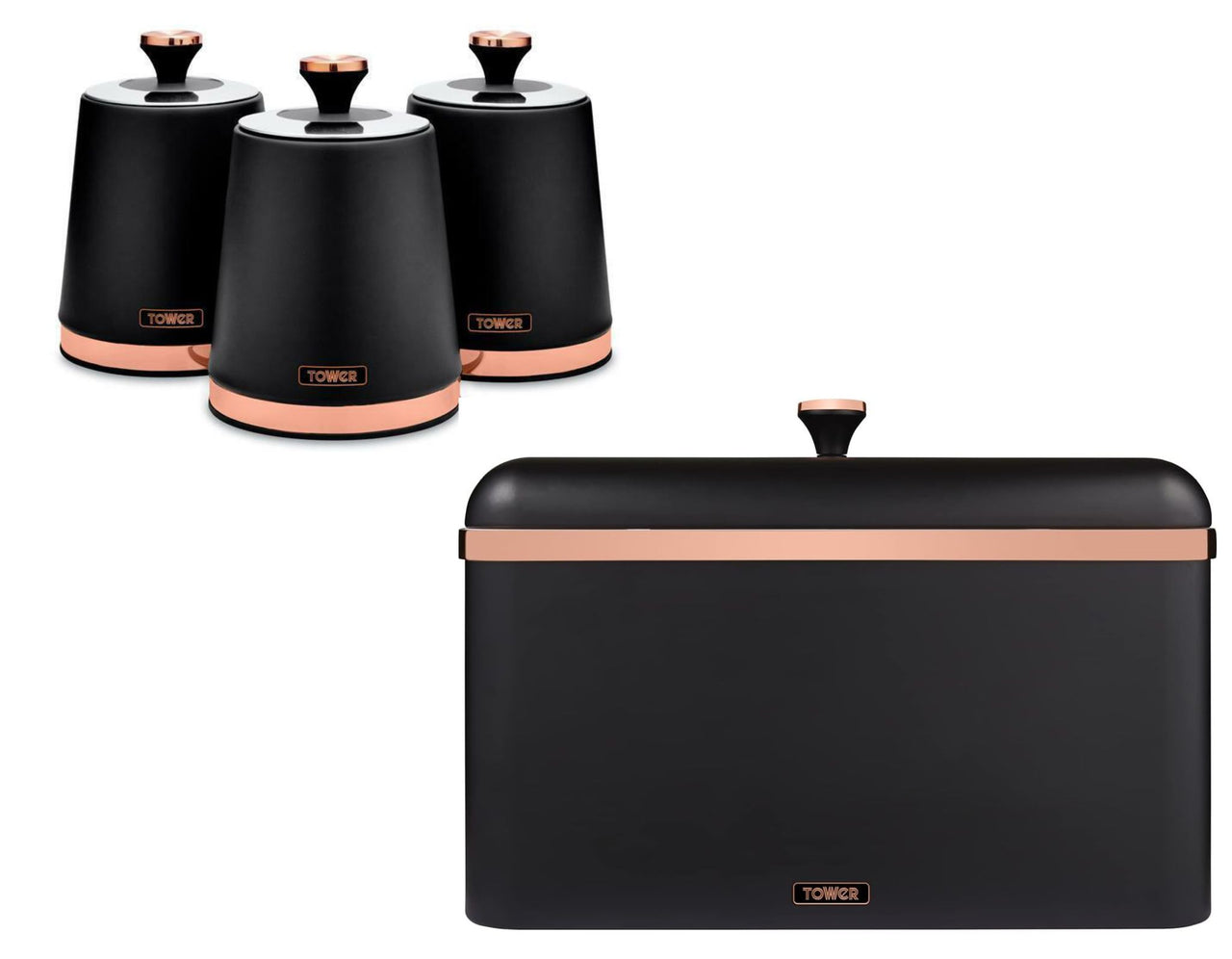 TOWER Cavaletto Black Bread Bin & Canisters Kitchen Storage Set with Rose Gold Accents