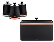 TOWER Cavaletto Black Bread Bin & Canisters Kitchen Storage Set with Rose Gold Accents