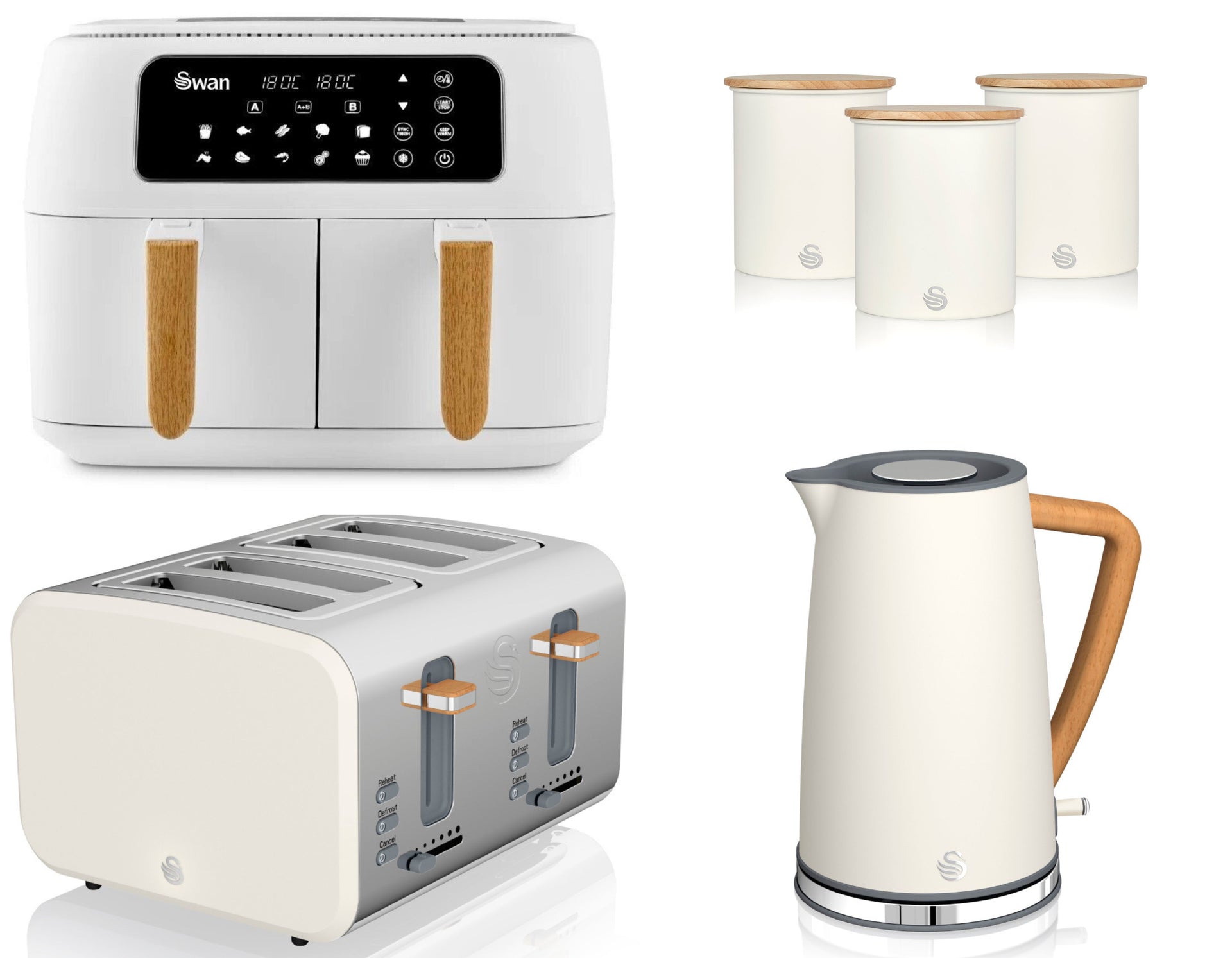 Swan Nordic White 1.7L Jug Kettle, 4 Slice Toaster, Dual Basket Air Fryer & Canisters Matching Set