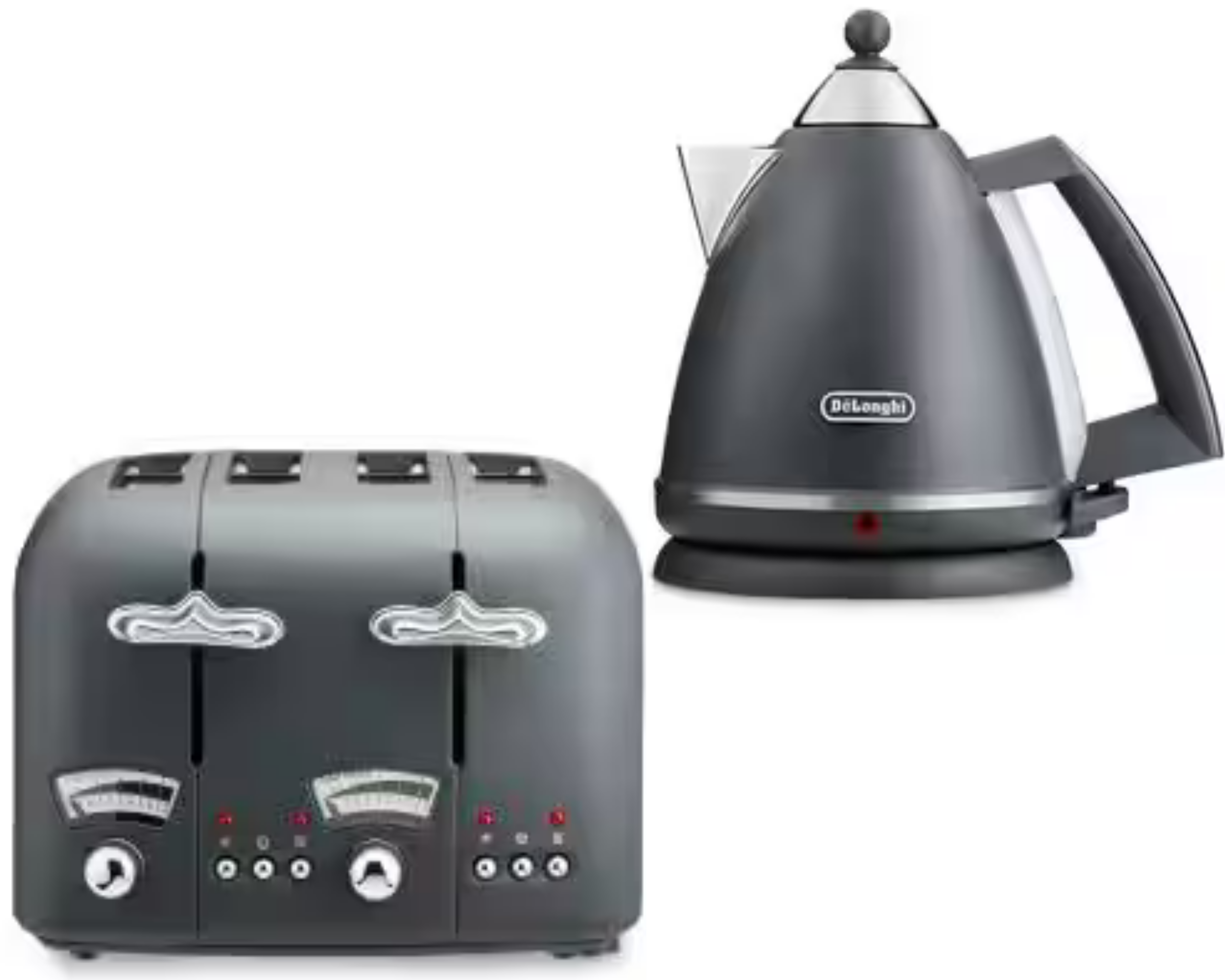 DELONGHI Argento Silva Grey 1.7L Kettle & 4 Slice Toaster Matching Set