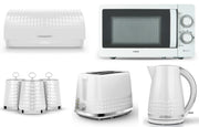 Tower Solitaire White 1.5L 3KW Jug Kettle, 2 Slice Toaster, T24042WHT 800W 20L Microwave, Bread Bin & Canisters Matching Kitchen Set