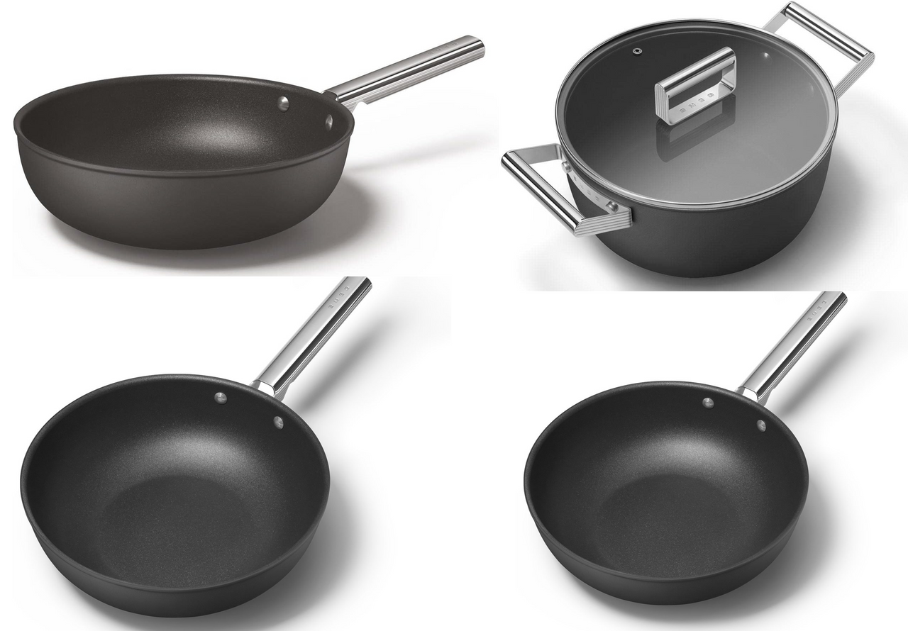 Smeg Cookware Matching Bundle Set including 24cm Casserole Pan, 24cm Frying Pan, 28 cm Frying Pan & 30cm Wok in Black