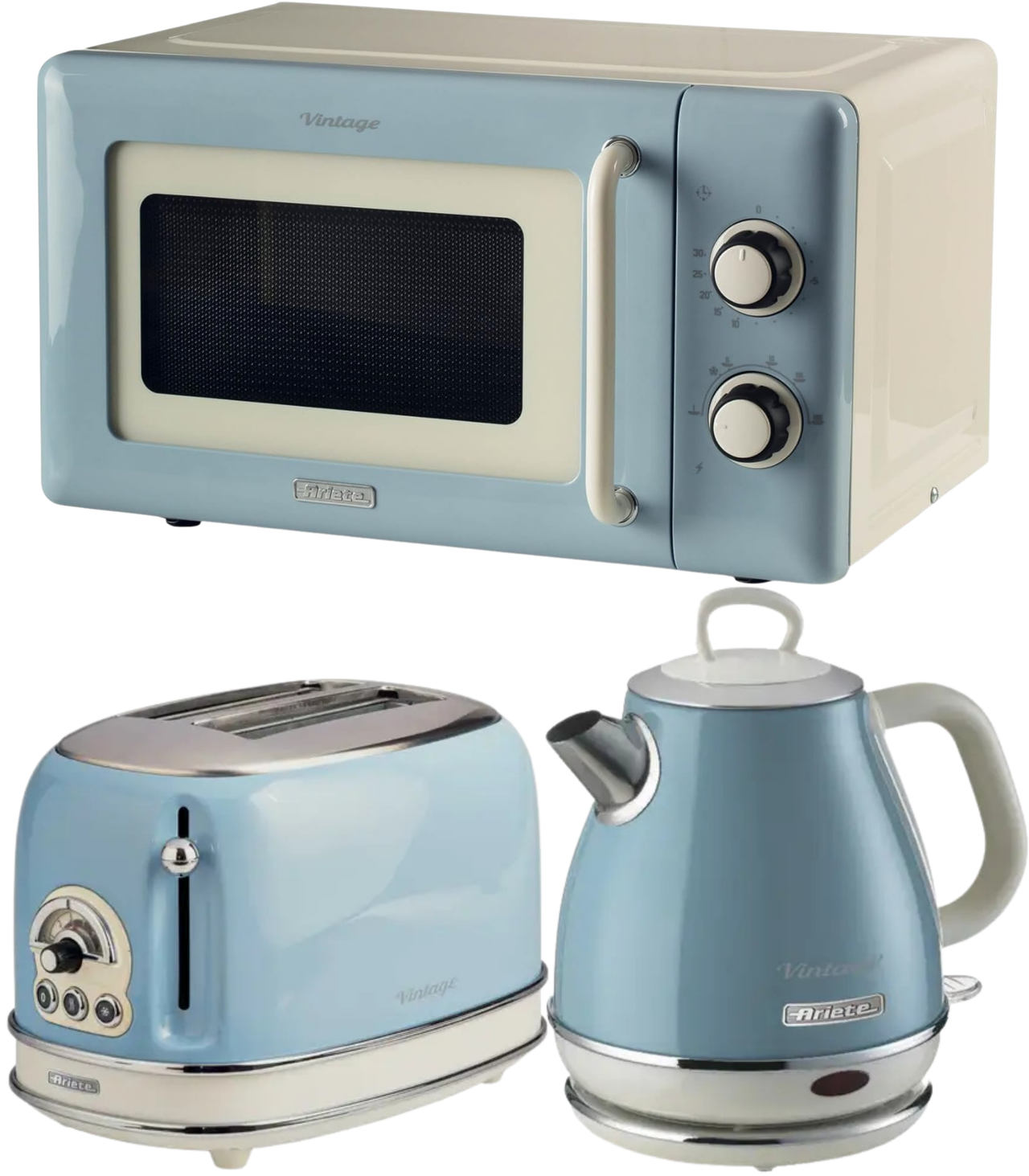Ariete Vintage Blue Retro 1L Jug Kettle, 2 Slice Toaster & 800W 20L Microwave Kitchen Set