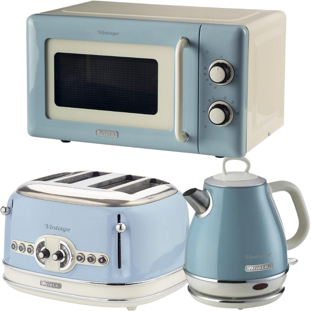 Ariete Vintage Blue Retro 1L Jug Kettle, 4 Slice Toaster & 800W 20L Microwave Kitchen Set