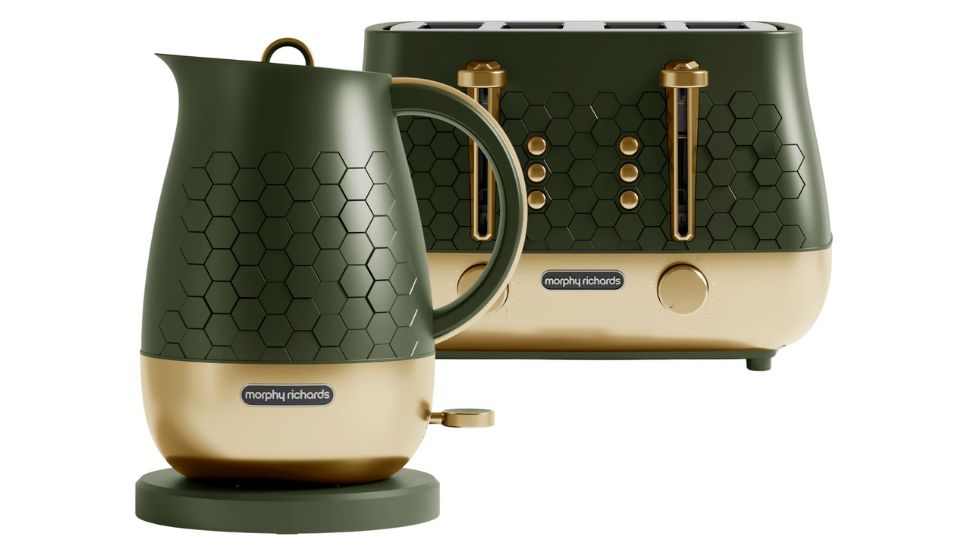 Morphy Richards Cassini Olivine 1.7L Jug Kettle & 4 Slice Toaster Set in Green & Gold