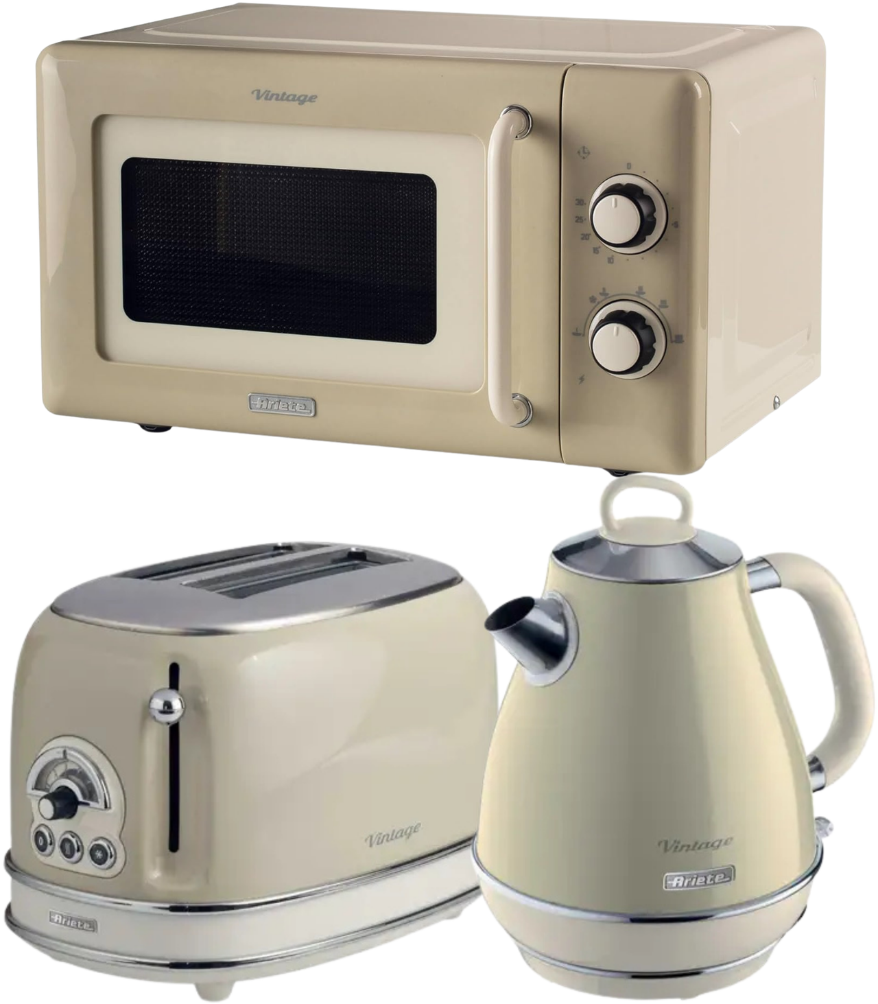 Ariete Vintage Cream Retro 1.7L Jug Kettle, 2 Slice Toaster & 800W 20L Microwave Kitchen Set
