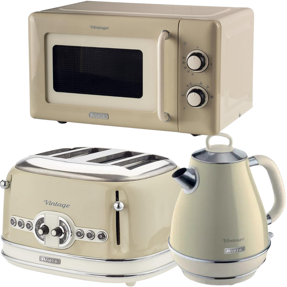 Ariete Vintage Cream Retro 1.7L Jug Kettle, 4 Slice Toaster & 800W 20L Microwave Kitchen Set