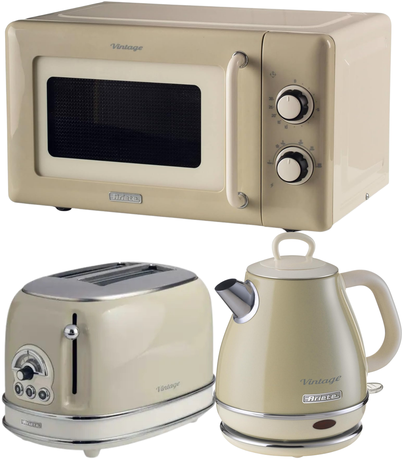 Ariete Vintage Cream Retro 1L Jug Kettle, 2 Slice Toaster & 800W 20L Microwave Kitchen Set