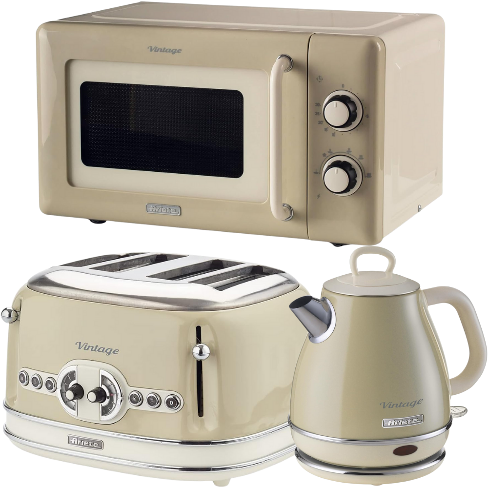 Ariete Vintage Cream Retro 1L Jug Kettle, 4 Slice Toaster & 800W 20L Microwave Kitchen Set
