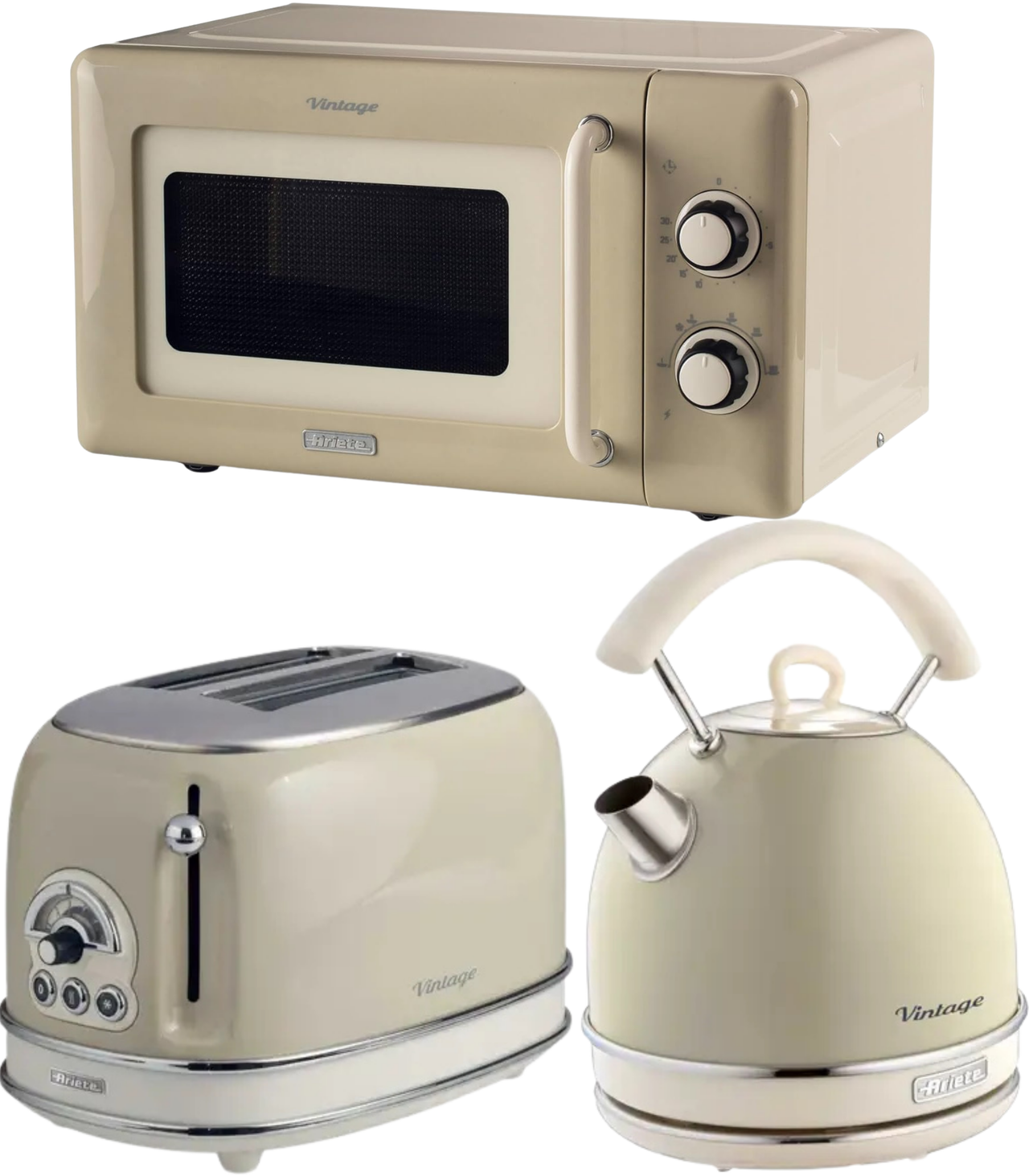 Ariete Vintage Cream Retro Dome Kettle, 2 Slice Toaster & 800W 20L Microwave Kitchen Set