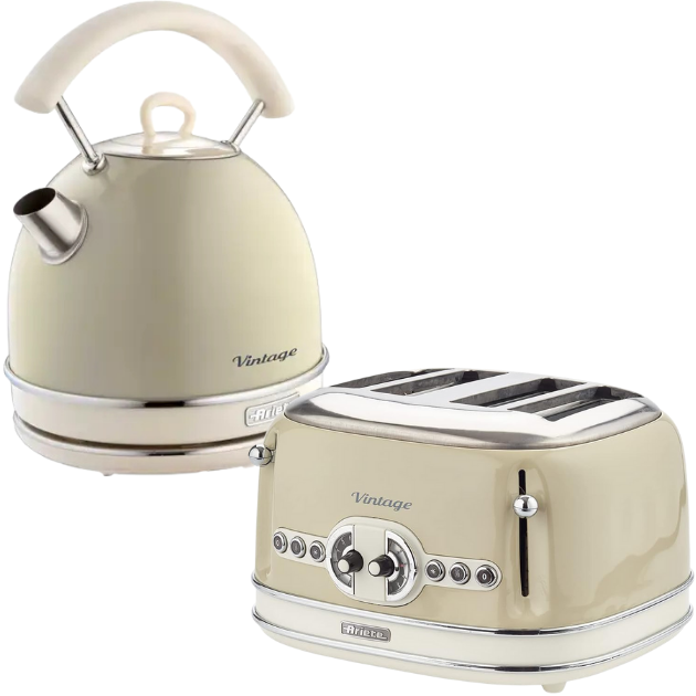 Ariete Vintage Cream Retro 1.7L Dome Kettle & 4 Slice Toaster Breakfast Set AR7703/AR5603