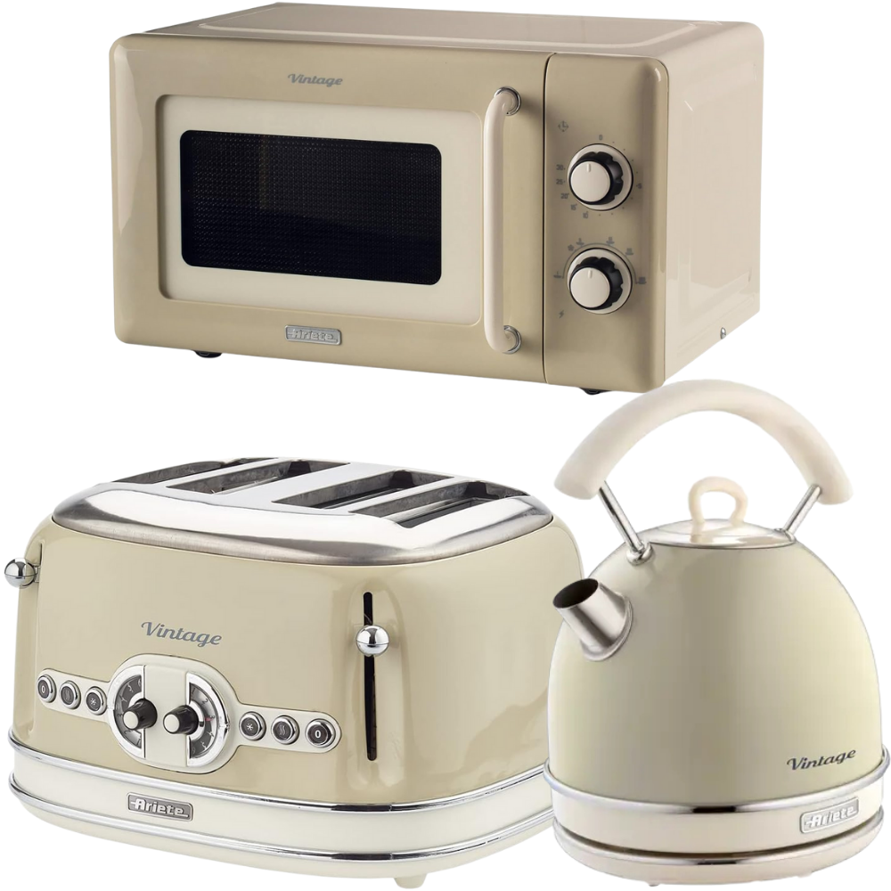 Ariete Vintage Cream Retro Dome Kettle, 4 Slice Toaster & 800W 20L Microwave Kitchen Set
