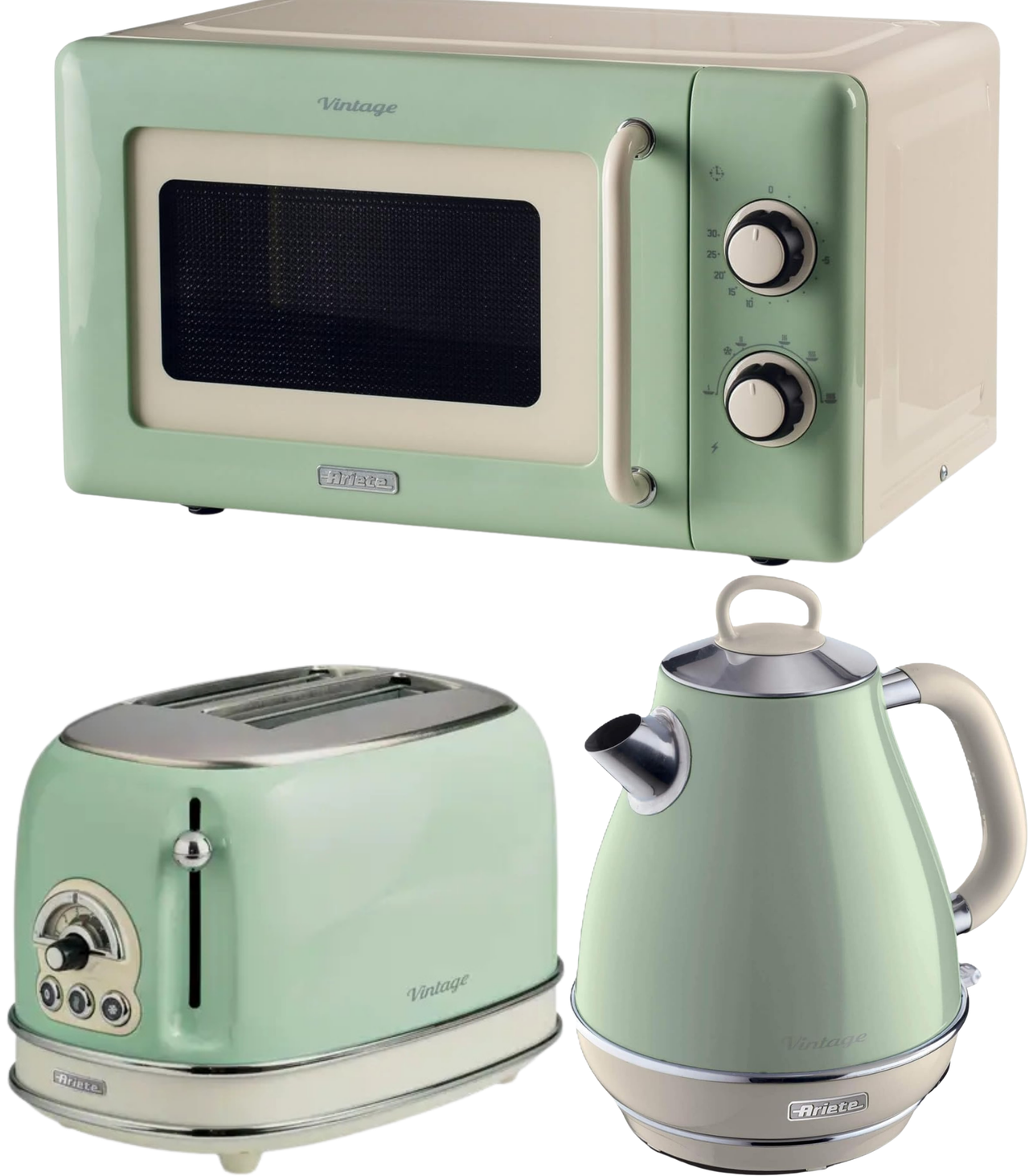 Ariete Vintage Green Retro 1.7L Jug Kettle, 2 Slice Toaster & 800W 20L Microwave Kitchen Set