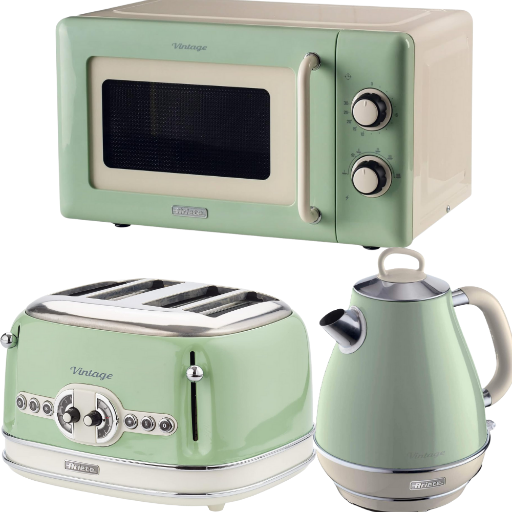 Ariete Vintage Green Retro 1.7L Jug Kettle, 4 Slice Toaster & 800W 20L Microwave Kitchen Set