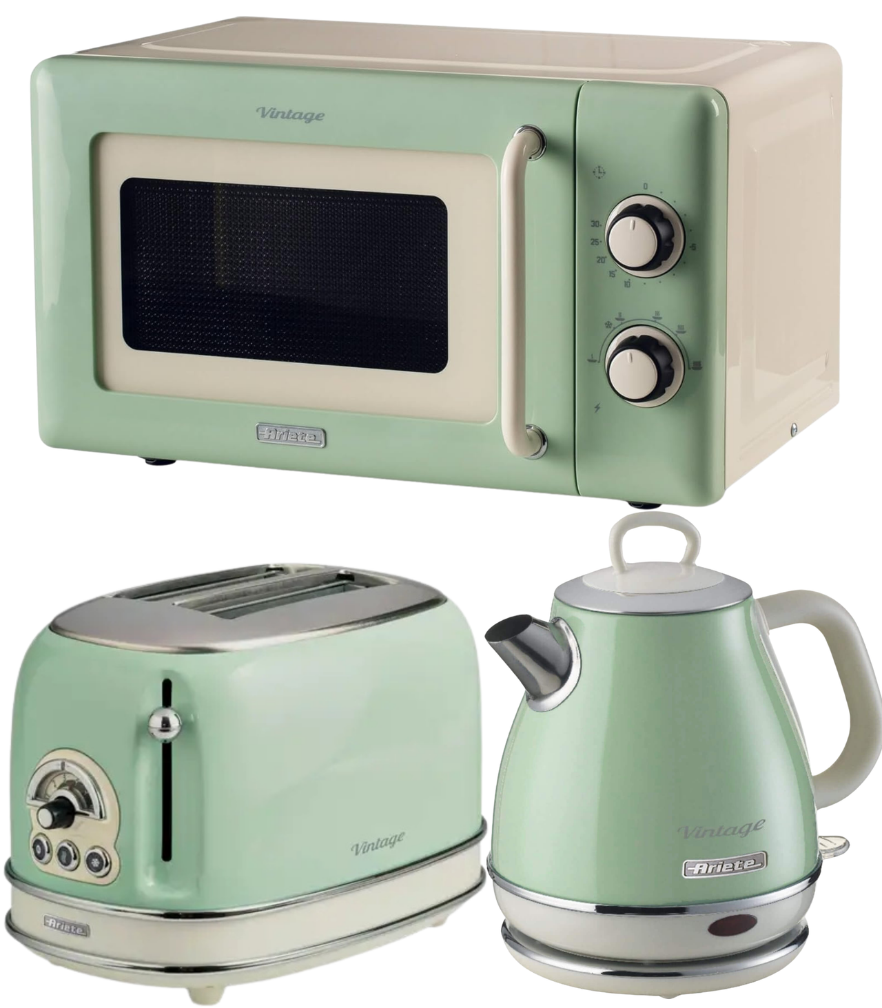 Ariete Vintage Green Retro 1L Jug Kettle, 2 Slice Toaster & 800W 20L Microwave Kitchen Set