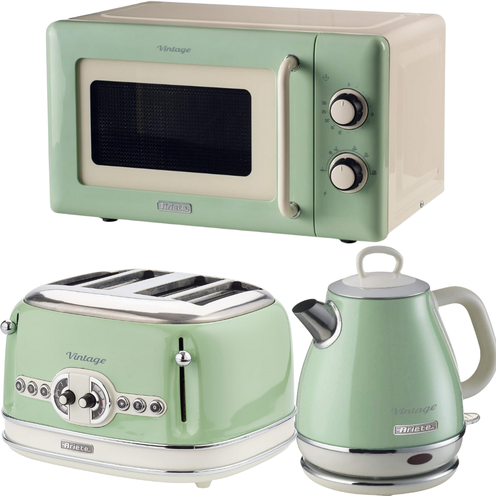 Ariete Vintage Green Retro 1L Jug Kettle, 4 Slice Toaster & 800W 20L Microwave Kitchen Set