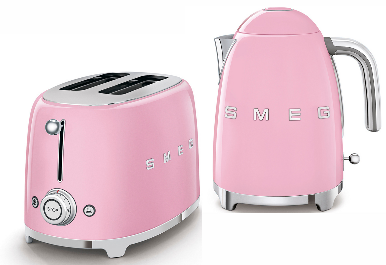Smeg Pink 1.7L 3KW Kettle and 2 Slice Toaster Set KLF03PKUK, TSF01PKUK - Retro 50`s Design Breakfast Set