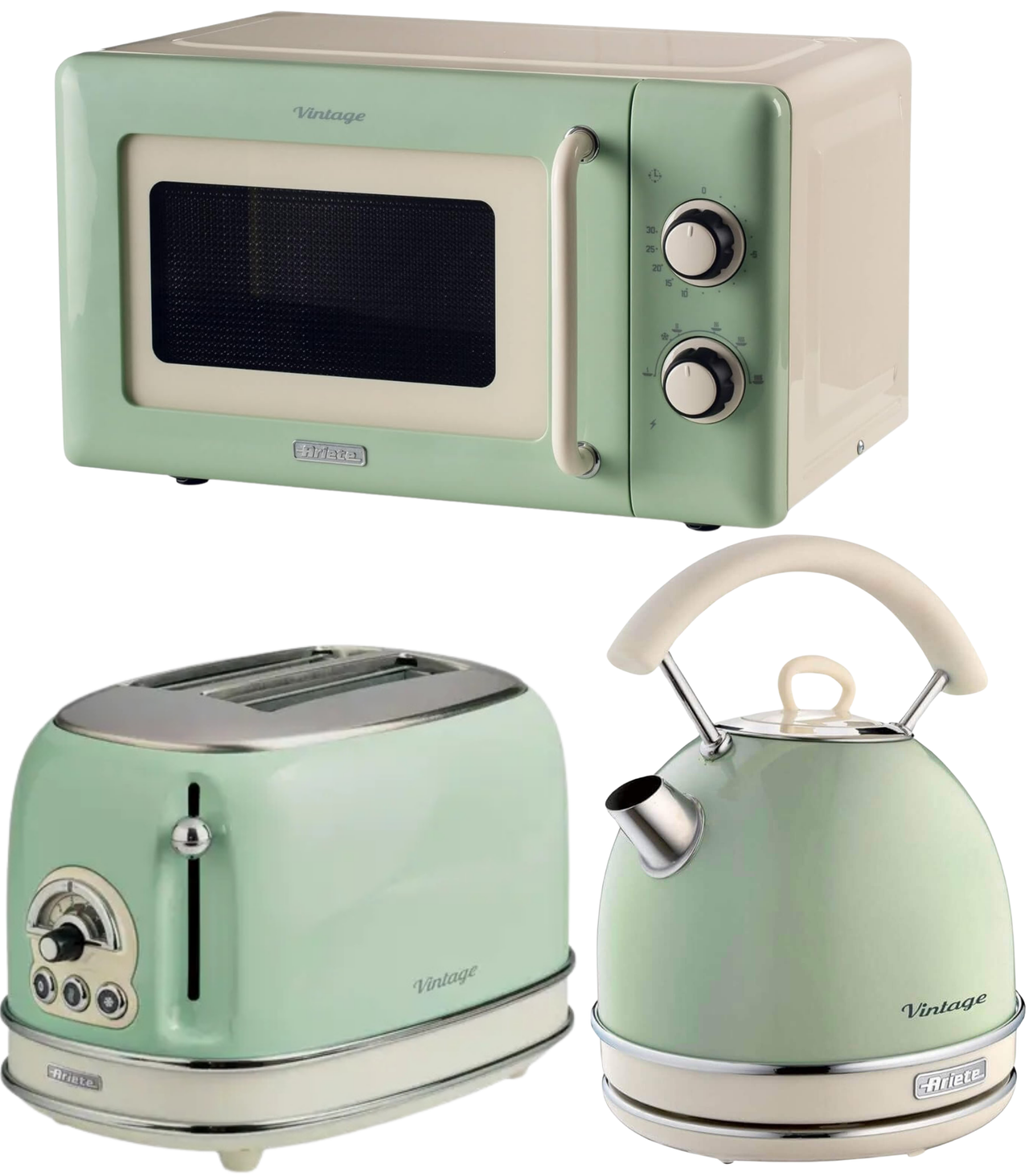 Ariete Vintage Green Retro Dome Kettle, 2 Slice Toaster & 800W 20L Microwave Kitchen Set