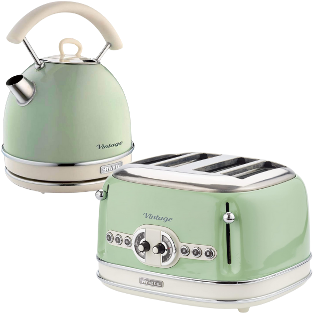 Ariete Vintage Green 1.7L Retro Dome Kettle & 4 Slice Toaster Breakfast Set AR7704/AR5604