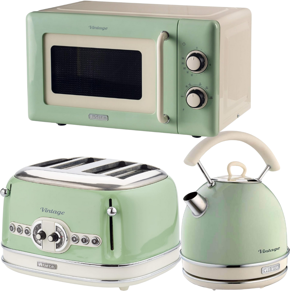 Ariete Vintage Green Retro Dome Kettle, 4 Slice Toaster & 800W 20L Microwave Kitchen Set