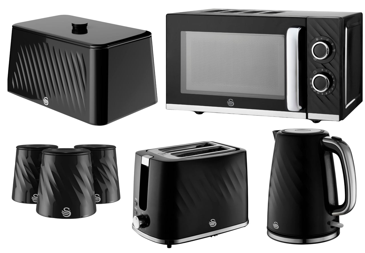Swan Windsor Black Kettle, 2 Slice Toaster, 800W Microwave, Bread Bin & Canisters – Textured Gloss with Chrome Accents