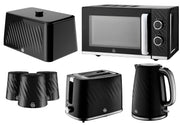 Swan Windsor Black Kettle, 2 Slice Toaster, 800W Microwave, Bread Bin & Canisters – Textured Gloss with Chrome Accents