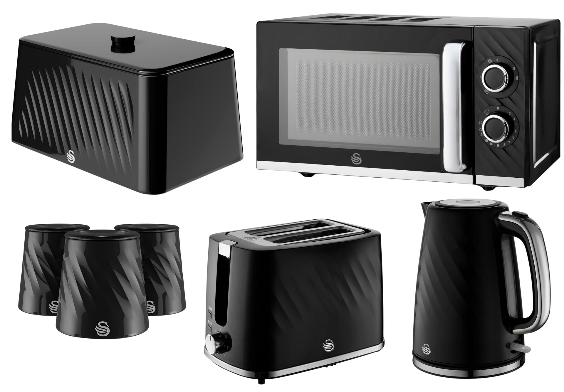 Swan Windsor Black Kettle, 2 Slice Toaster, 800W Microwave, Bread Bin & Canisters – Textured Gloss with Chrome Accents