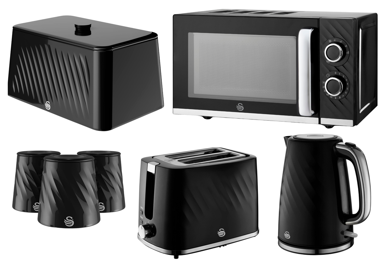 Swan Windsor Black Kettle, 2 Slice Toaster, 800W Microwave, Bread Bin & Canisters – Textured Gloss with Chrome Accents