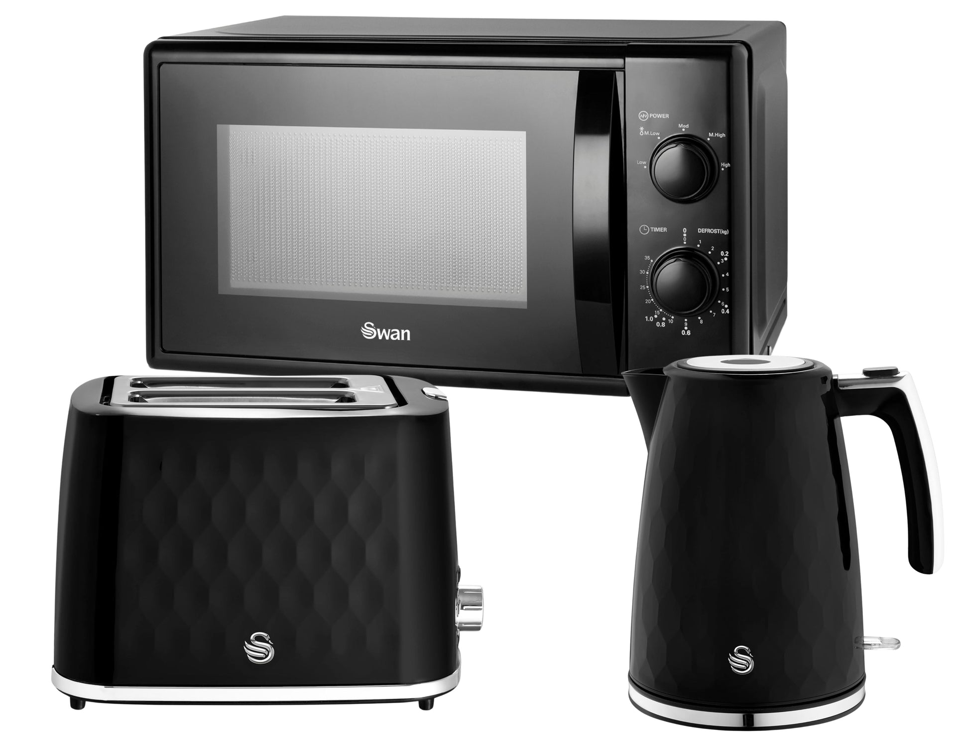 Swan Hexton Black Kettle, 2 Slice Toaster and 20L 800W Microwave Kitchen Set