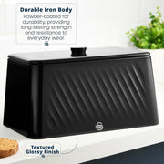 The Hale Retail Company Swan Windsor black iron bread bin with a textured gloss finish and removable lid on a counter