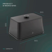The Hale Retail Company Swan Stealth black iron bread bin with 16L capacity and dimensions shown in a modern kitchen