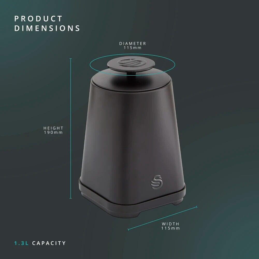The Hale Retail Company Swan Stealth black iron kitchen canister with 1.3L capacity and product dimensions shown.