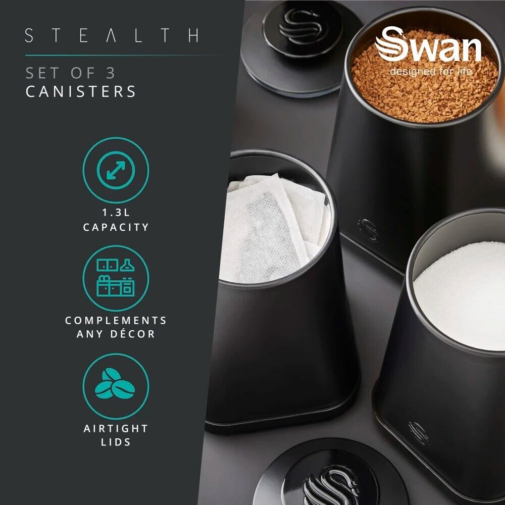 The Hale Retail Company Swan Stealth black iron tea, coffee, and sugar canisters with airtight lids and 1.3L capacity.