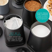 The Hale Retail Company Swan Stealth black iron kitchen canisters for tea, coffee, and sugar with airtight lids.