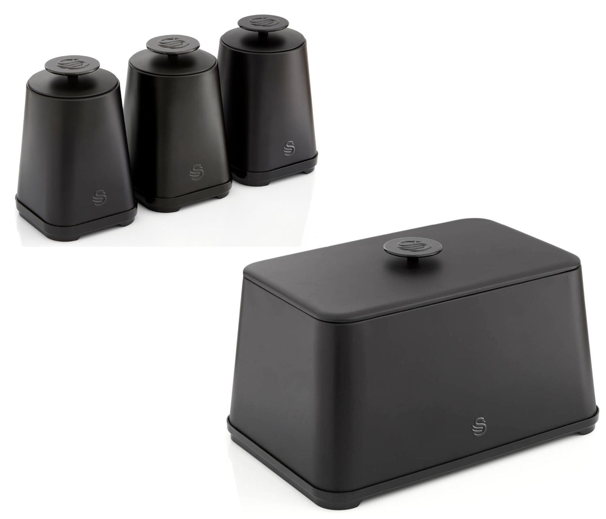 The Hale Retail Company Swan Stealth black iron bread bin and set of three matching tea, coffee, and sugar canisters.