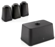 The Hale Retail Company Swan Stealth black iron bread bin and set of three matching tea, coffee, and sugar canisters.